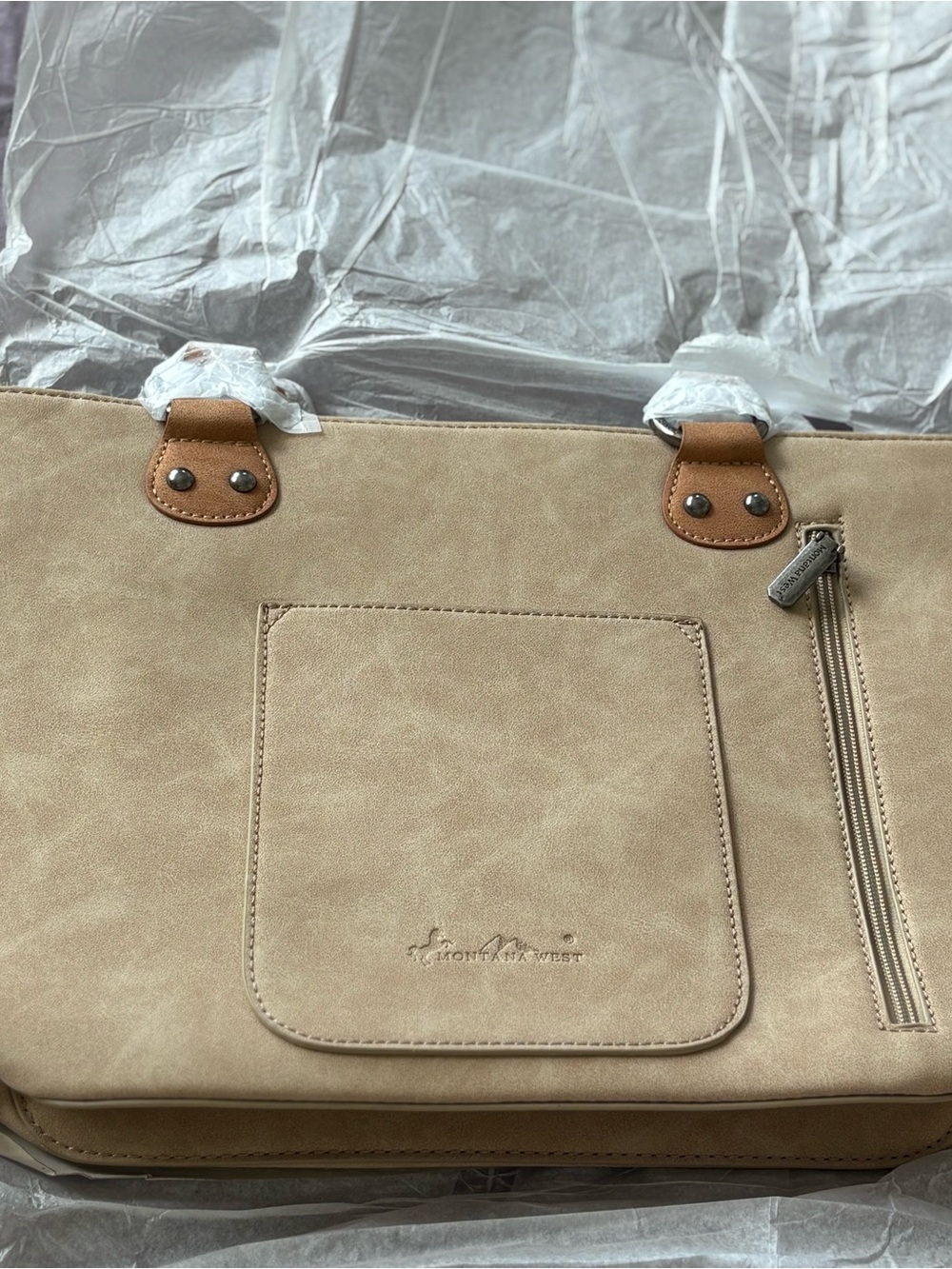 NWT Montana West Tote Purse Cow Embroidered Flower Brown Cream Faux Leather Bag - Picture 4 of 16